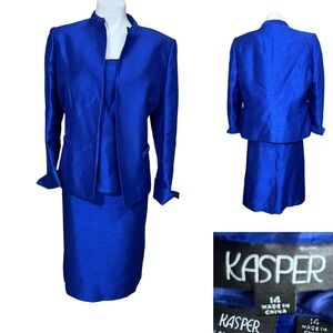 Kasper blazer & skirt 3pcs suit set sz 12 satin Blue long sleeve knee length